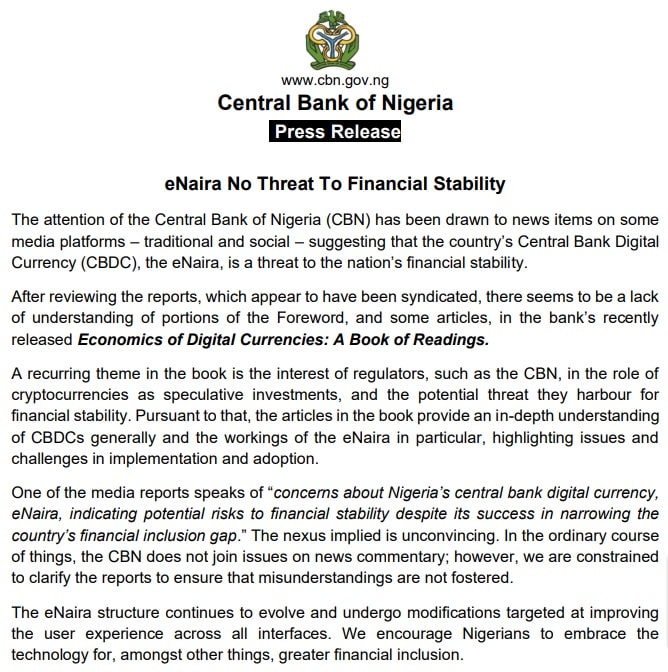 banque centrale du nigeria cbn declararation sur les cbdc