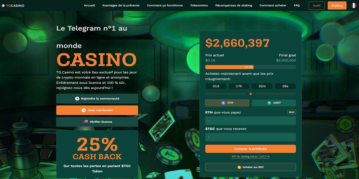 TG.Casino ($TGC) lève 2,6 millions de dollars, éclipsant RollBit ($RLB) dans l’univers GameFi sur Telegram